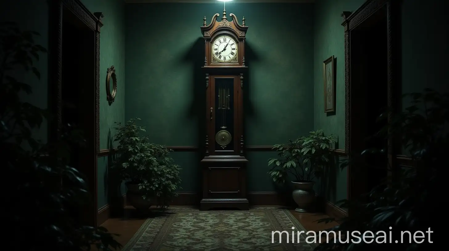 Mysterious Botanical Room with Grandfather Clock in 1955 Horror Setting