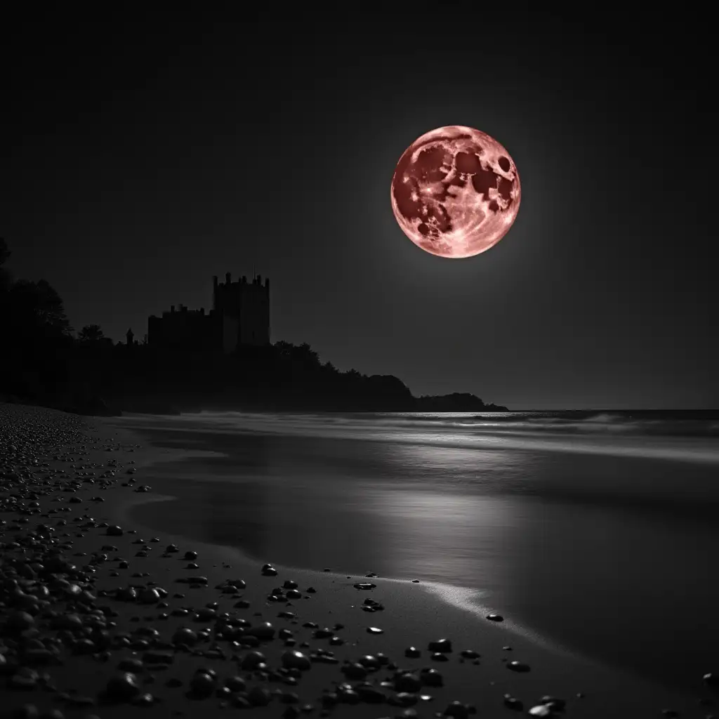 A black and white photograph image of a beach at night with a castle in the background. The moon is big and red 