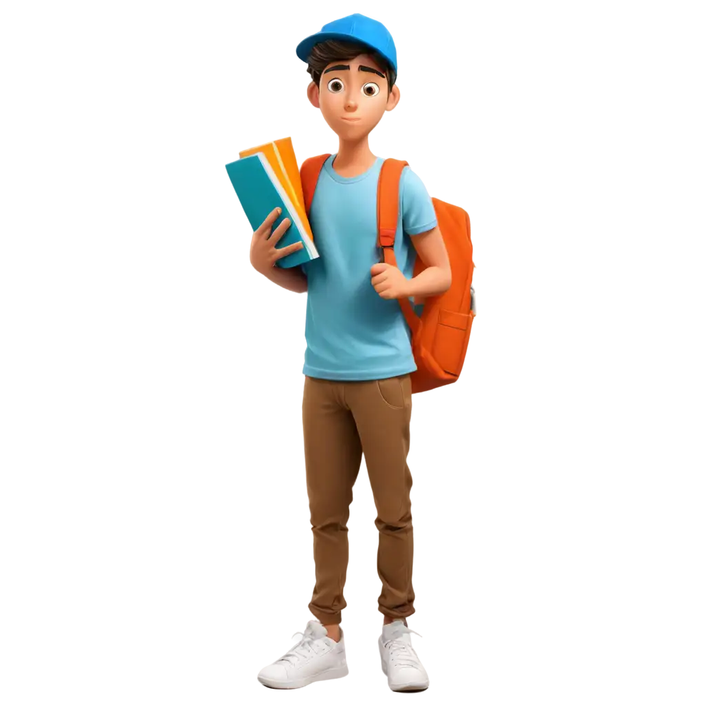 Student with books, confused face, cartoon style