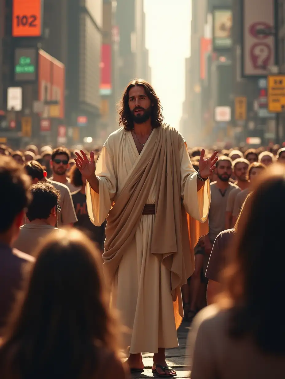 A realistic depiction of Jesus Christ standing in a crowd of people on the busy streets of New York City, delivering a sermon with a calm and expressive posture. He is dressed in casual, modern clothing with slight traditional touches, like a light robe or sash. The people around him are diverse, some listening intently, others distracted by their surroundings. The bustling city background includes skyscrapers, billboards, and street signs, capturing the contrast between spirituality and the modern, fast-paced life. Warm lighting gives the scene a peaceful yet lively atmosphere.