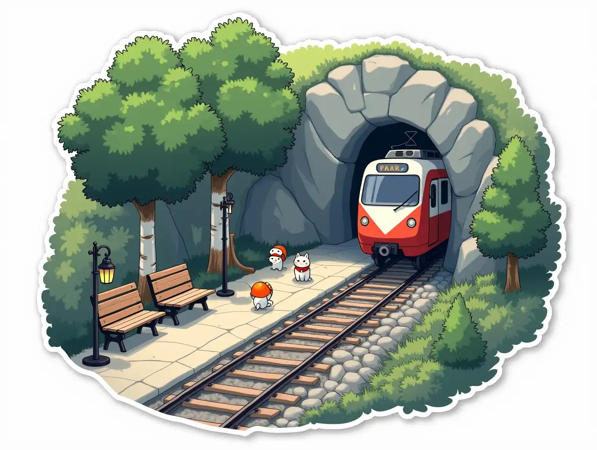 A curved cut-out laminated sticker depicting a railway platform with benches, lanterns and small white cats in orange helmets. There is a rock with birches and fir trees around the platform, the rails from the train are directed into a cave in the rock. General view from above of the train on the rails near the entrance to the cave.. General view from above of the train on the rails near the entrance to the cave. cut sticker design, high resolution, white background, paint in anime style