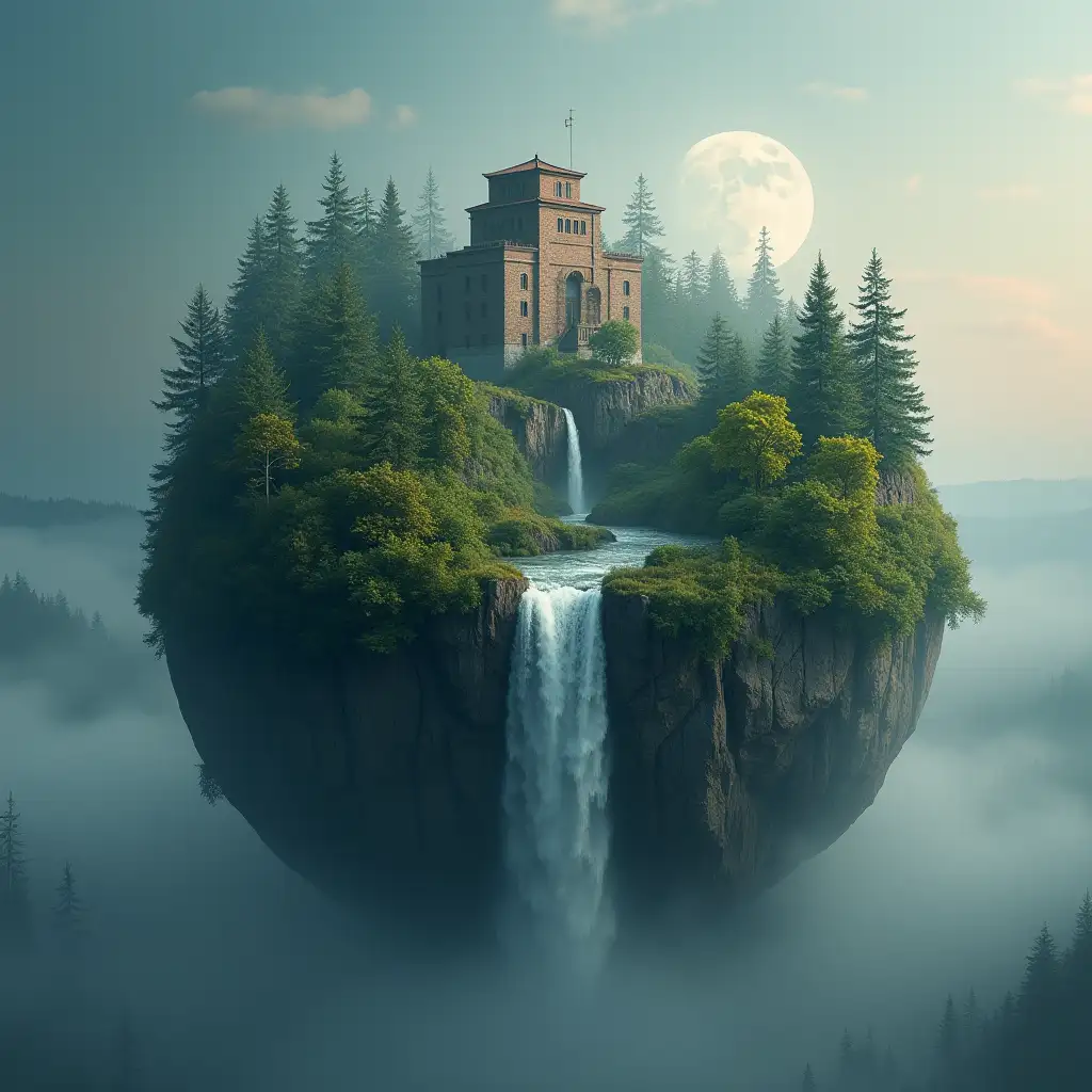 Create a globe with a building, forest, and waterfall emerging from the top half and a wooded sky with fog and moon