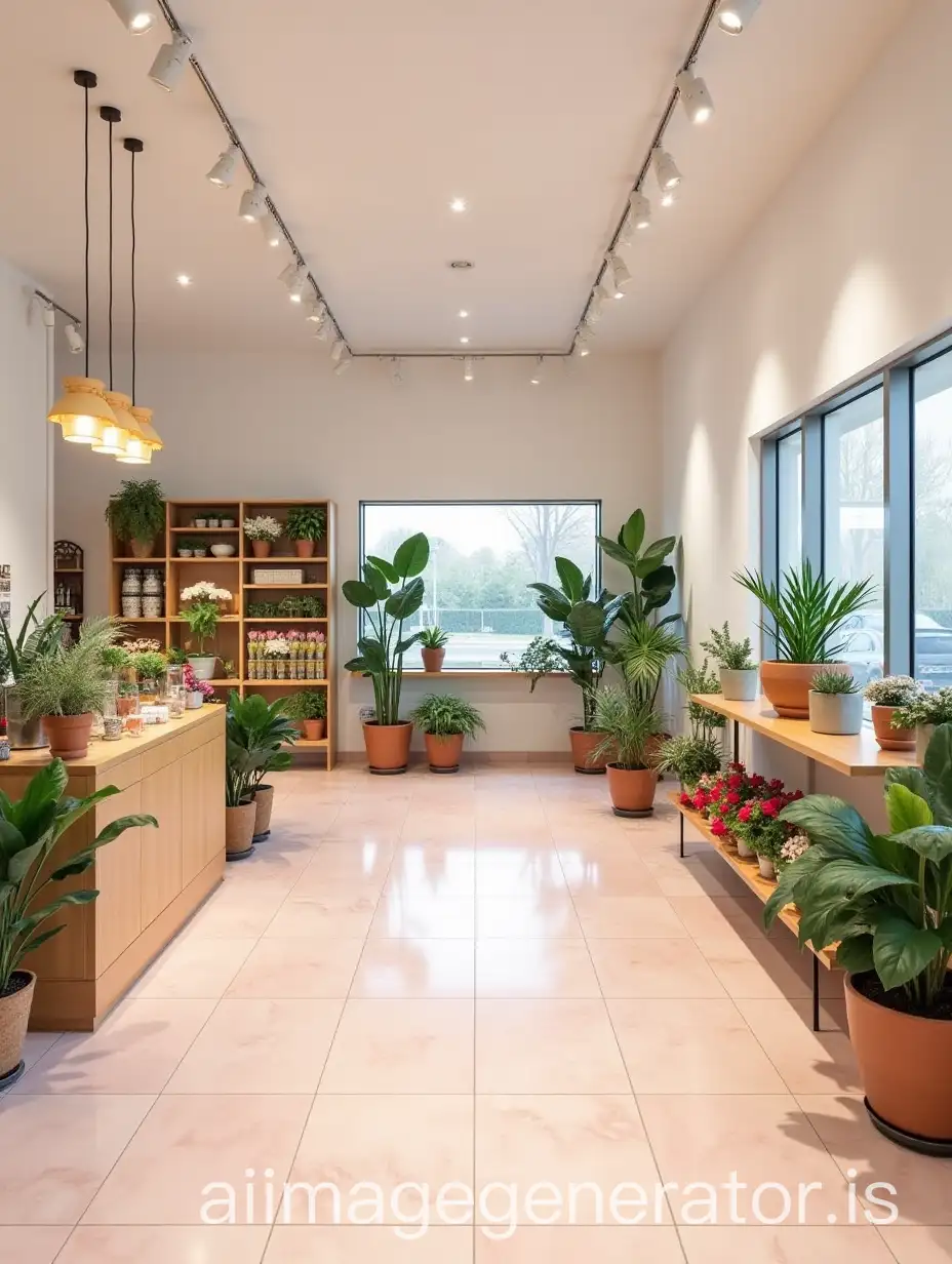 Photograph of a modern flowershop interior, with light Pink marble tiles,White walls and ceiling, hanging cube lights, wood counter, shelves and noches with potted plants