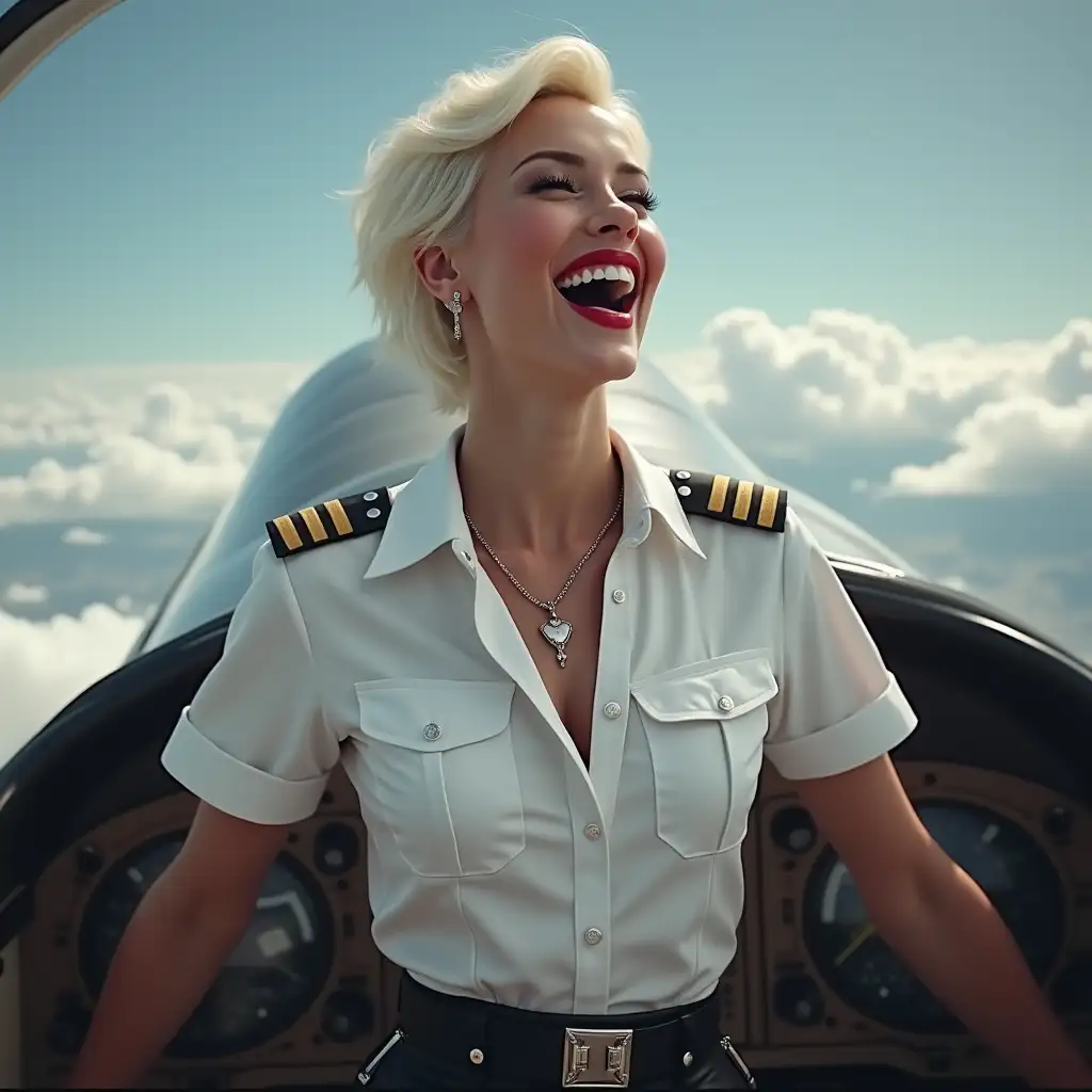 white norvegian lady, in white deep-necked pilot uniform button shirt, laughing with her mouth open, red lipstick accentuating her smile,belt on waist, big wide hips, chest are fully grown, jewerly, short hair, HD, screaming at plane, photo-realism