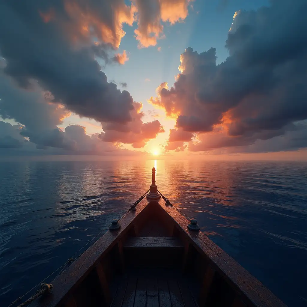Ancient-Galleon-on-a-Calm-Sea-at-Sunset-with-Dramatic-Sky-and-Mysterious-Light