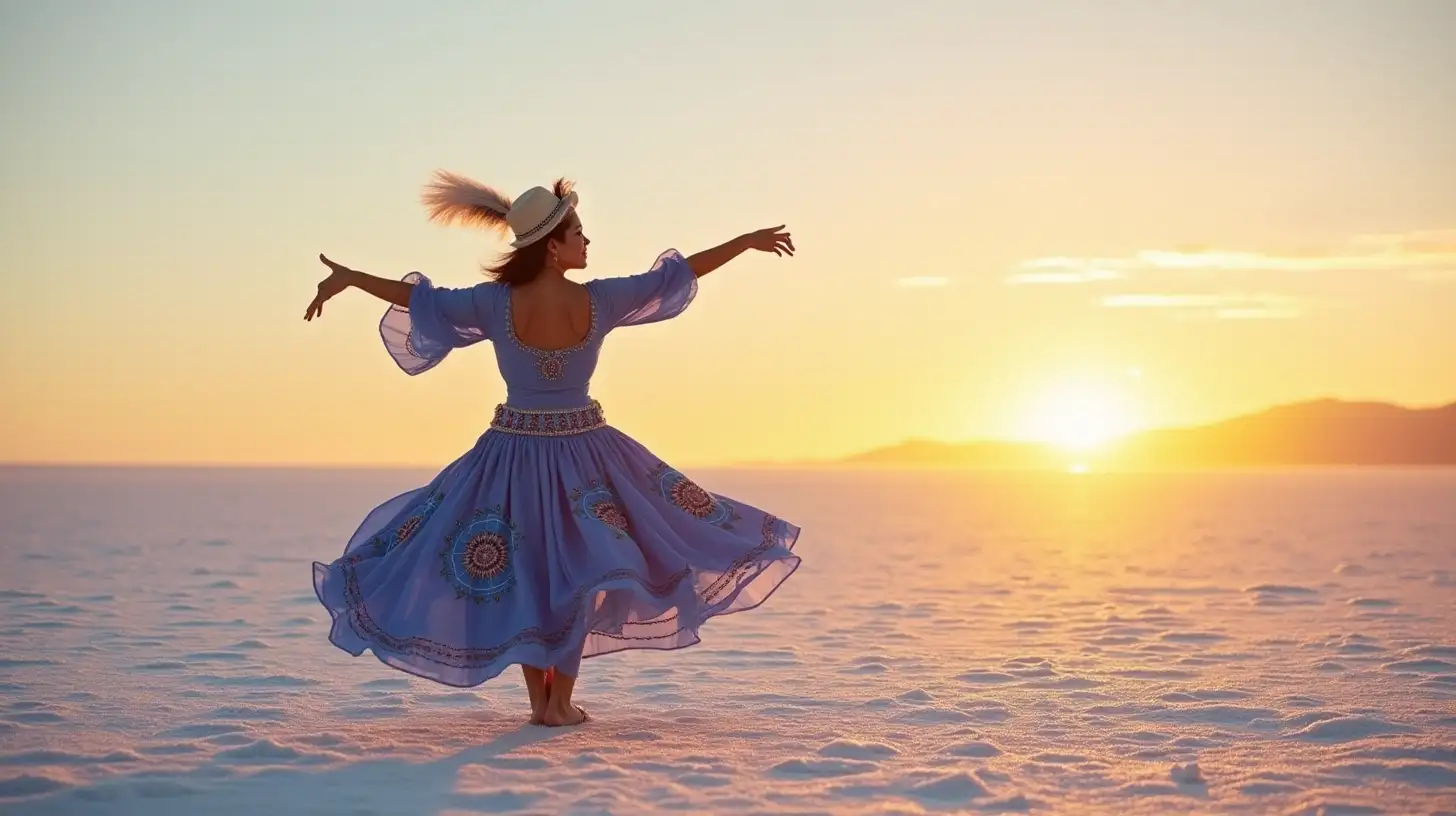 Bolivian Woman Dancing in Traditional Tinkus Costume at Sunset in Salar de Uyuni