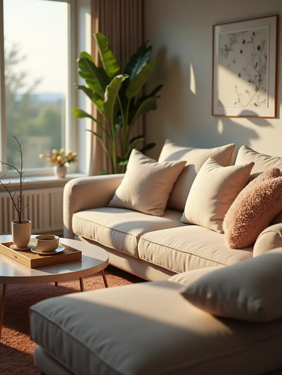 A hyperrealistic photo of a cozy scene in a modern house. There is a large, comfortable sofa with fluffy cushions and a soft blanket on top. There is also a cup of tea or coffee on an end table. The room has soft lighting and details that convey comfort, such as plants and a window that shows a serene landscape in the background. The atmosphere invites you to embrace the environment, with no people visible, just the furniture that reflects the sense of warmth and well-being in the home.