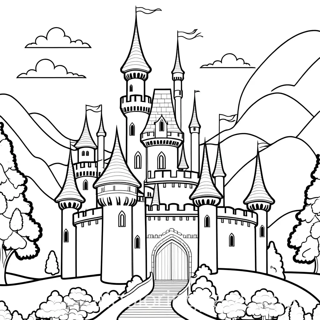 A fairy tale castle coloring page, simple ,minimalistic, attractive, Coloring Page, black and white, line art, white background, Simplicity, Ample White Space. The background of the coloring page is plain white to make it easy for young children to color within the lines. The outlines of all the subjects are easy to distinguish, making it simple for kids to color without too much difficulty