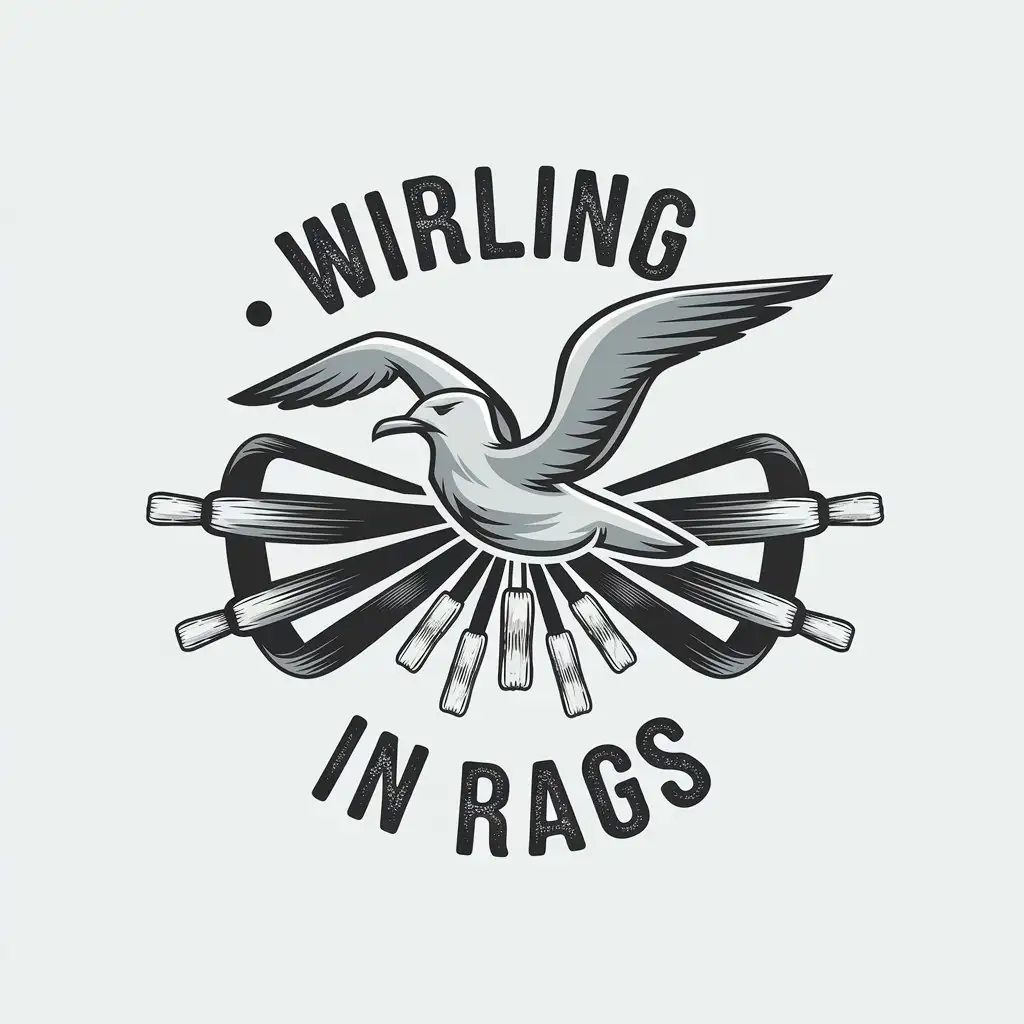 a vector logo design,with the text "wirling in rags", main symbol:Seagull, seagull wants to appear a bit tired and flying shape, seagulls around there are some old bandages  want black and white colors,Minimalistic,be used in bar industry,clear background