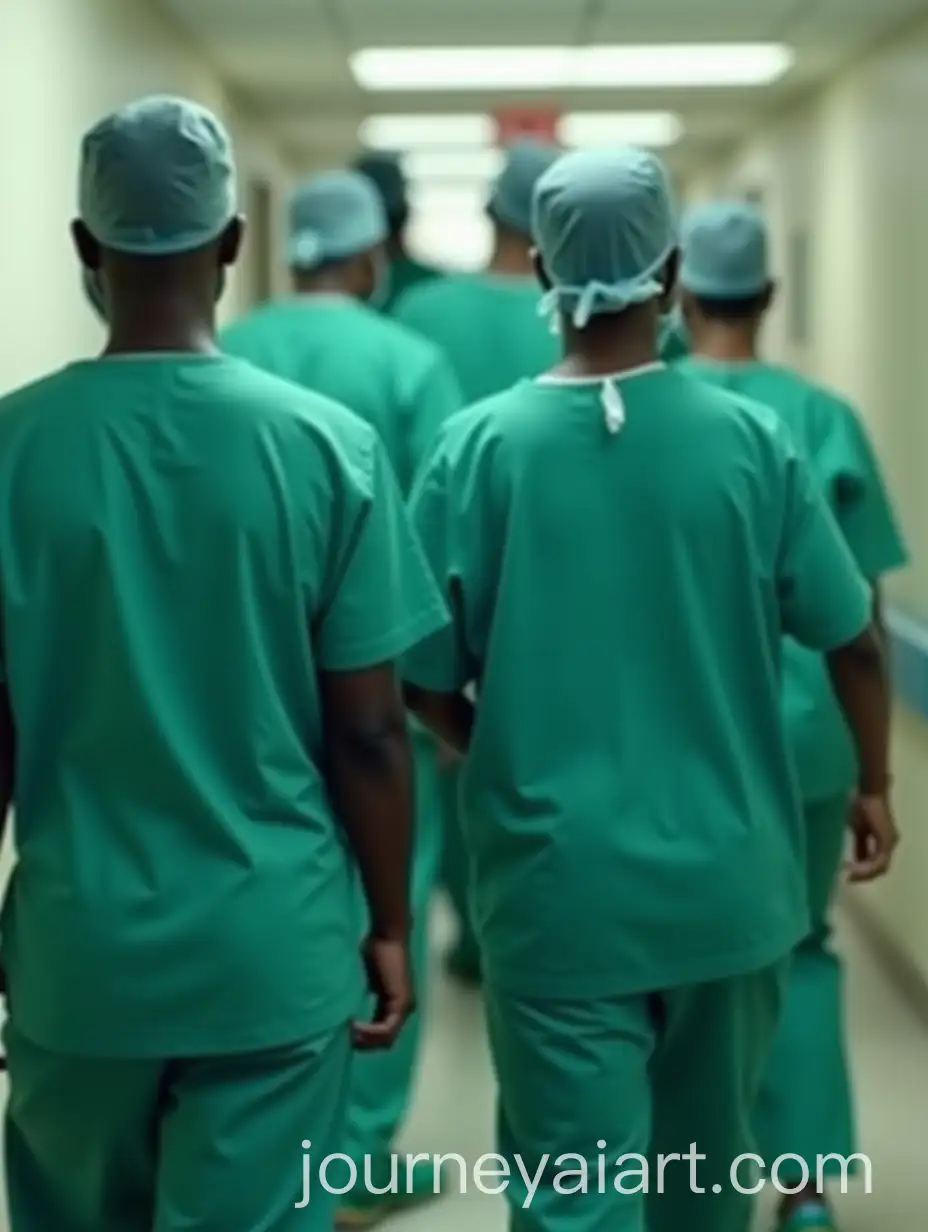 Medical-Professionals-in-Green-Scrubs-Walking-Through-Hospital-Corridor