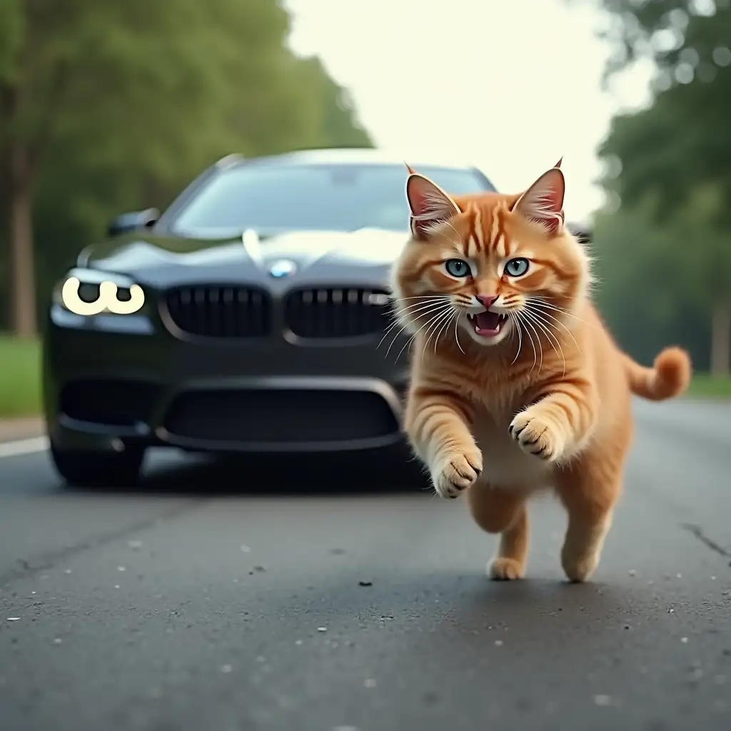 a black BMW m5 with tinted windows is chasing a fluffy red cat with blue eyes, who is running away in fear along the road, comic, close-up