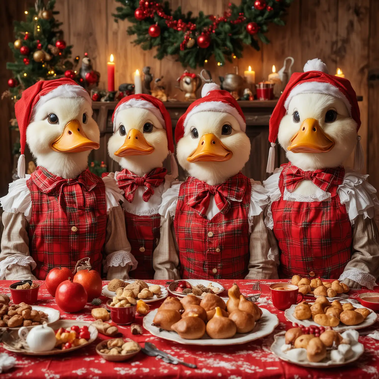 Anthropomorphic-Ducks-in-Festive-Clothing-Celebrating-Christmas-at-the-Table