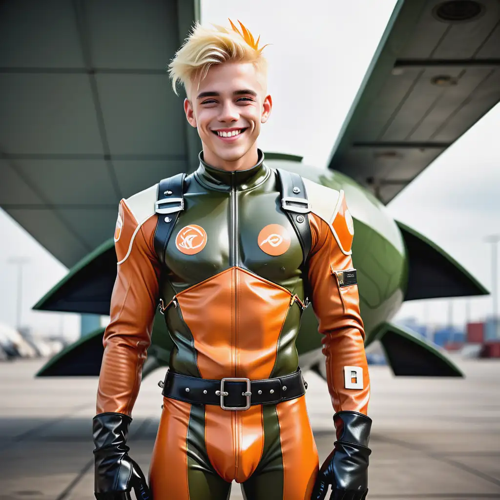 Full-height image, smiling, Young muscular man, with bleach-blonde hair, in fetish style form hugging olive-green and orange coloured leather space cadet uniform, accentuated groin bulge, broad shoulders, narrow waist and hips, chains and buckles details, futuristic logo on chest, on the tarmac of a space port in a dystopian world