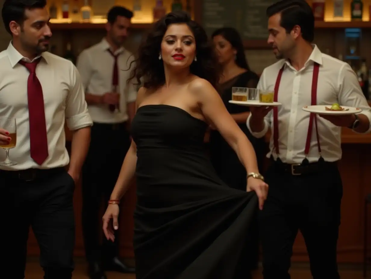 A item girl medium fatty health wearing black saree dancing with hand a whiskey cup, around her all the waiter wearing white shirt with red tie and black pant also dancing with plate on hand. Location in a bar and restaurant. Cinematic style