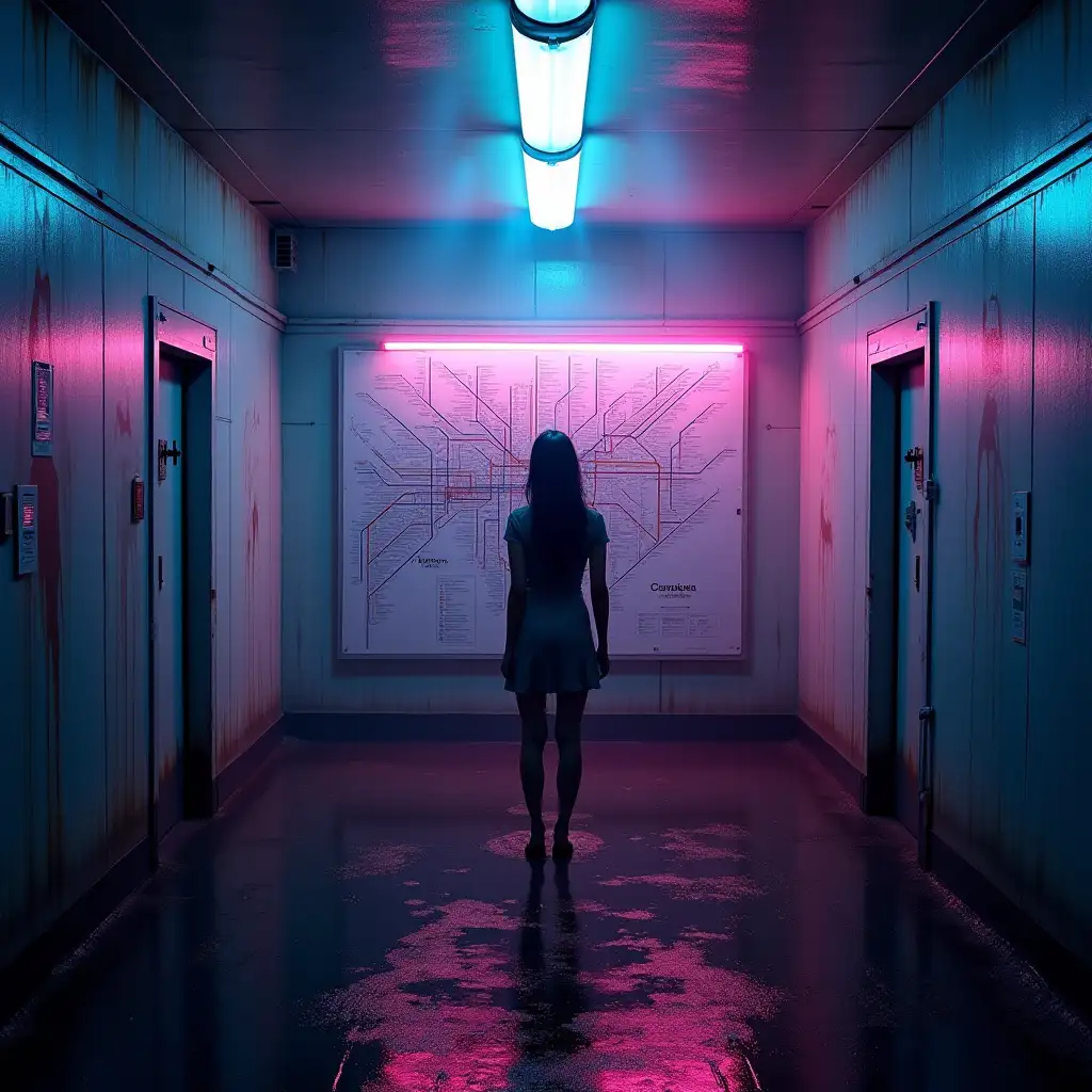 A dimly lit, sterile room with damp plastic walls, water pouring down and slightly grimey, illuminated by soft pink, and blue neon lights. In the center of the room, a silhouette of a woman stands alone, facing the wall with a huge ornate subway map spreading across the wall, looking at the map as if deep in thought, with shadows stretching across the floor. The atmosphere is melancholic yet vibrant, with the contrasting colors merging into a moody, cinematic scene. Dust lingers in the air, catching the soft glow of the neon lights, creating a dreamlike and introspective feel.