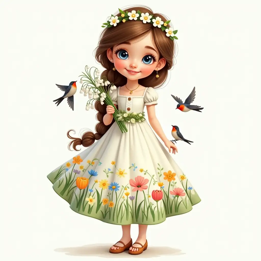 A young girl with fair skin and long brown hair, braided, decorated with a flower crown. Her expressive, big blue eyes gently look ahead, and her smile radiates happiness. She is wearing a light full-length princess-style dress in white, richly decorated with a variety of flowers: snowdrops, daffodils, tulips and other inflorescences. The colors are bright and cheerful, the fabric of the dress seems smooth and flowing. She holds a bouquet of snowdrops. Two birds and swallows are visible on the sides of it. The background is clean