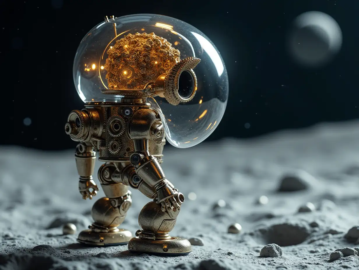 Create a high-resolution, realistic image of artificial intelligence Fractal Robert, two meters tall and a robot one meter high, with gears on arms and legs, gears on cheeks and a glass head with visible gold plated brain, screws with many gears, and many small glass balls on the moon surface at 4k resolution