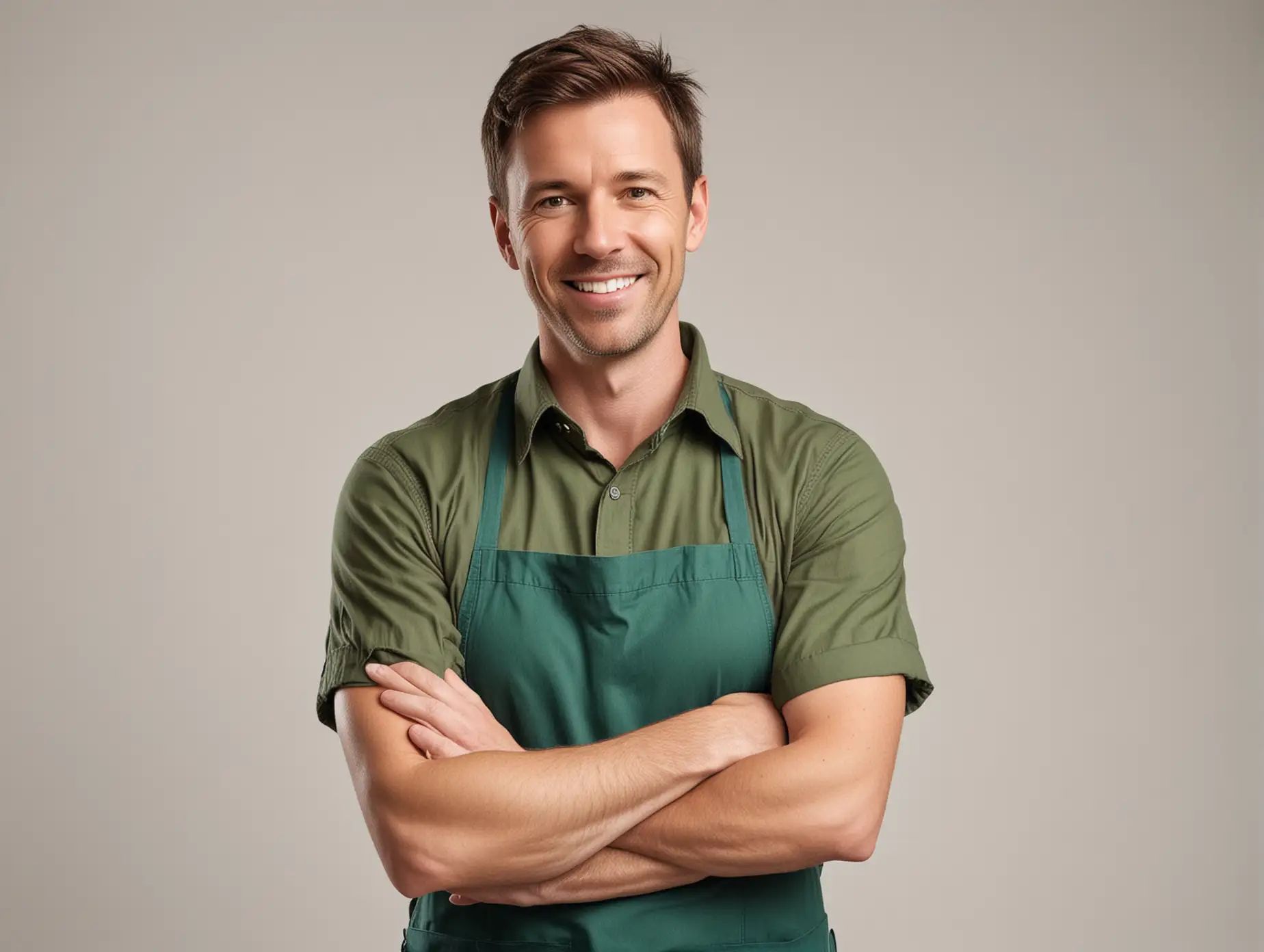 Confident-White-Male-in-Casual-Green-Shirt-and-Apron-with-Arms-Crossed