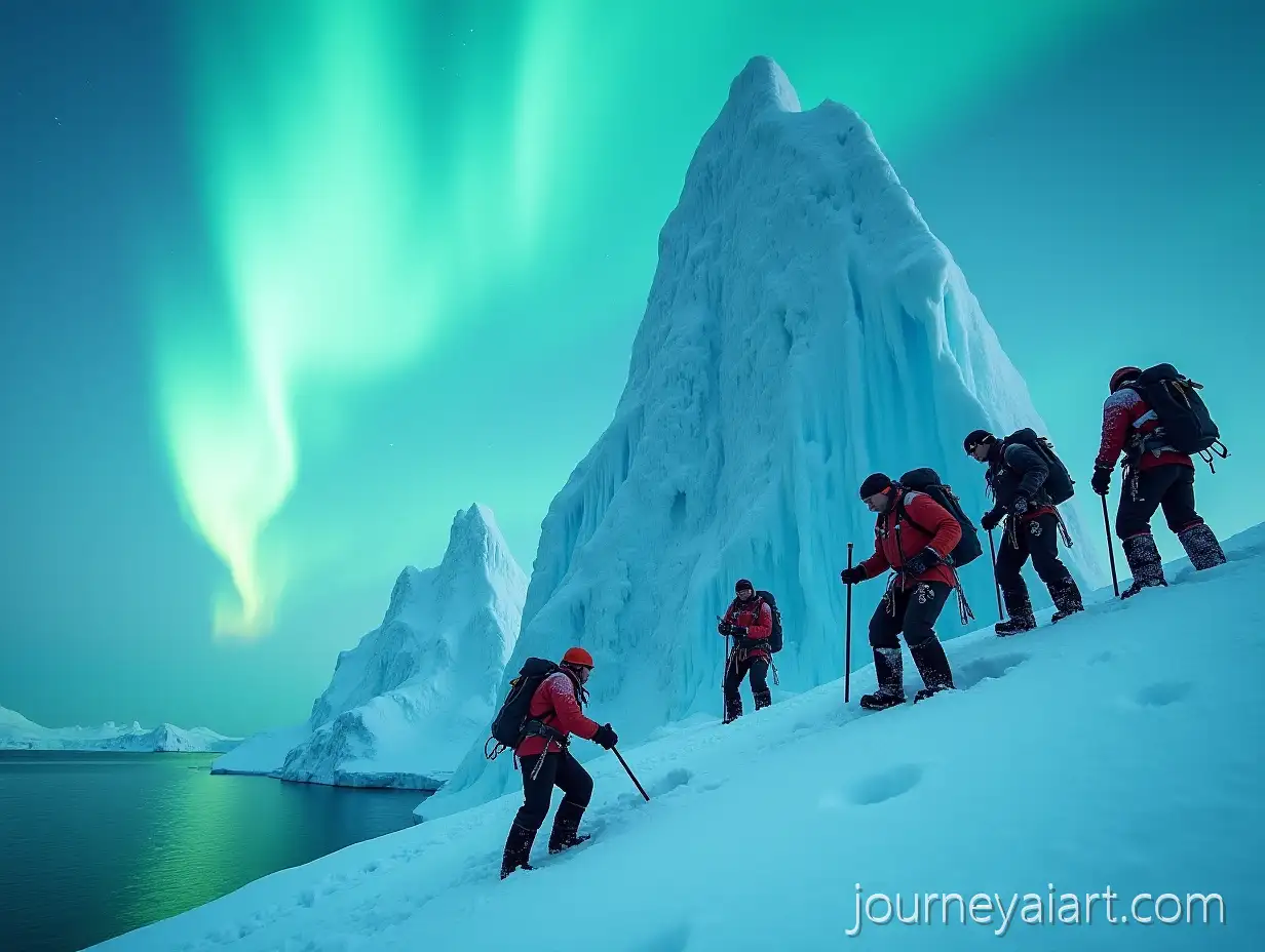 Climbers-Burying-Prime-Mint-Juice-Flag-onIceberg-Climbers-Burying-Prime-Towering-Iceberg-Under-Aurora-Sky