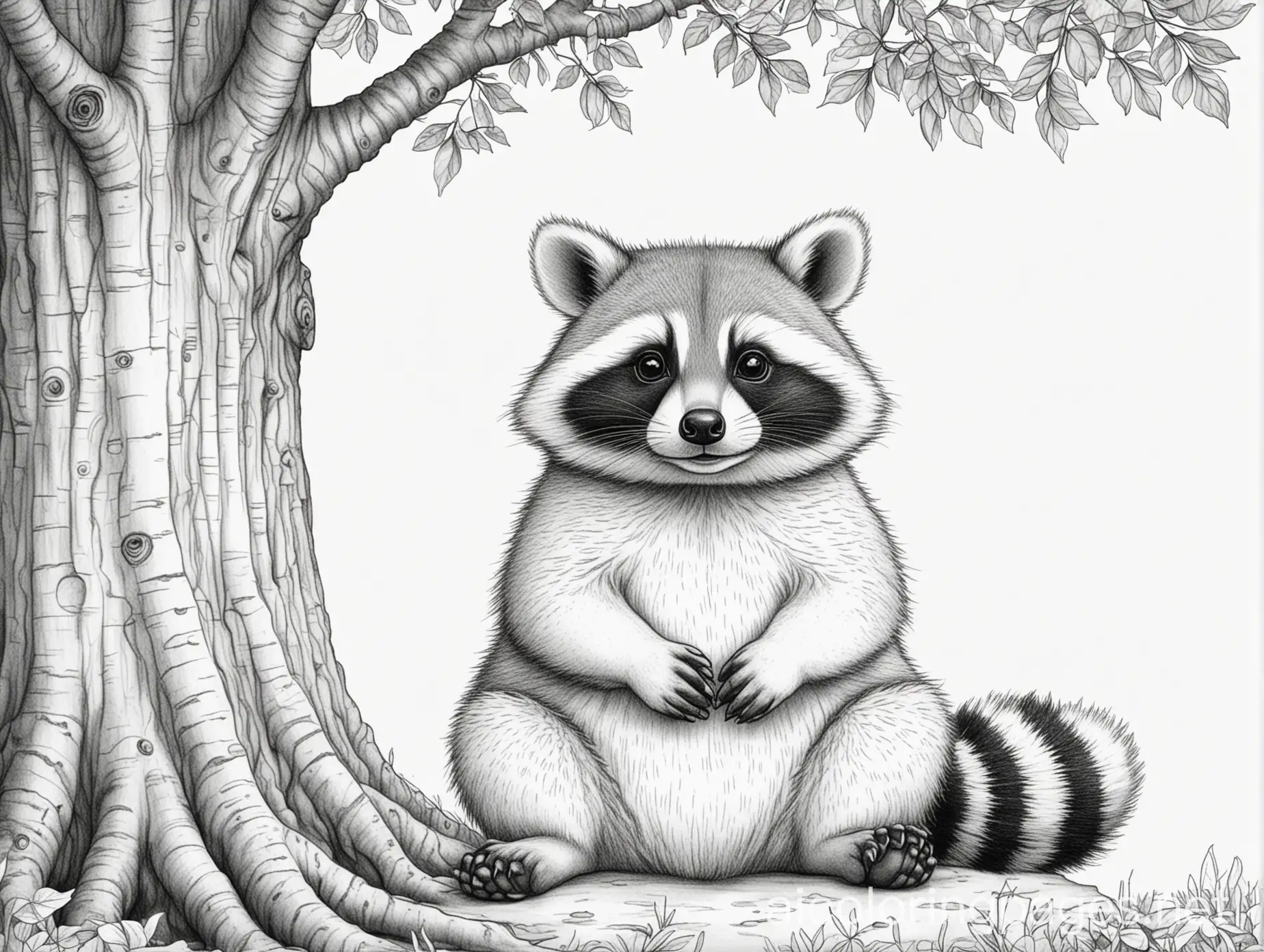 A fat raccoon 🦝 sitting at the bottom of a big tree, Coloring Page, black and white, line art, white background, Simplicity, Ample White Space. The background of the coloring page is plain white to make it easy for young children to color within the lines. The outlines of all the subjects are easy to distinguish, making it simple for kids to color without too much difficulty