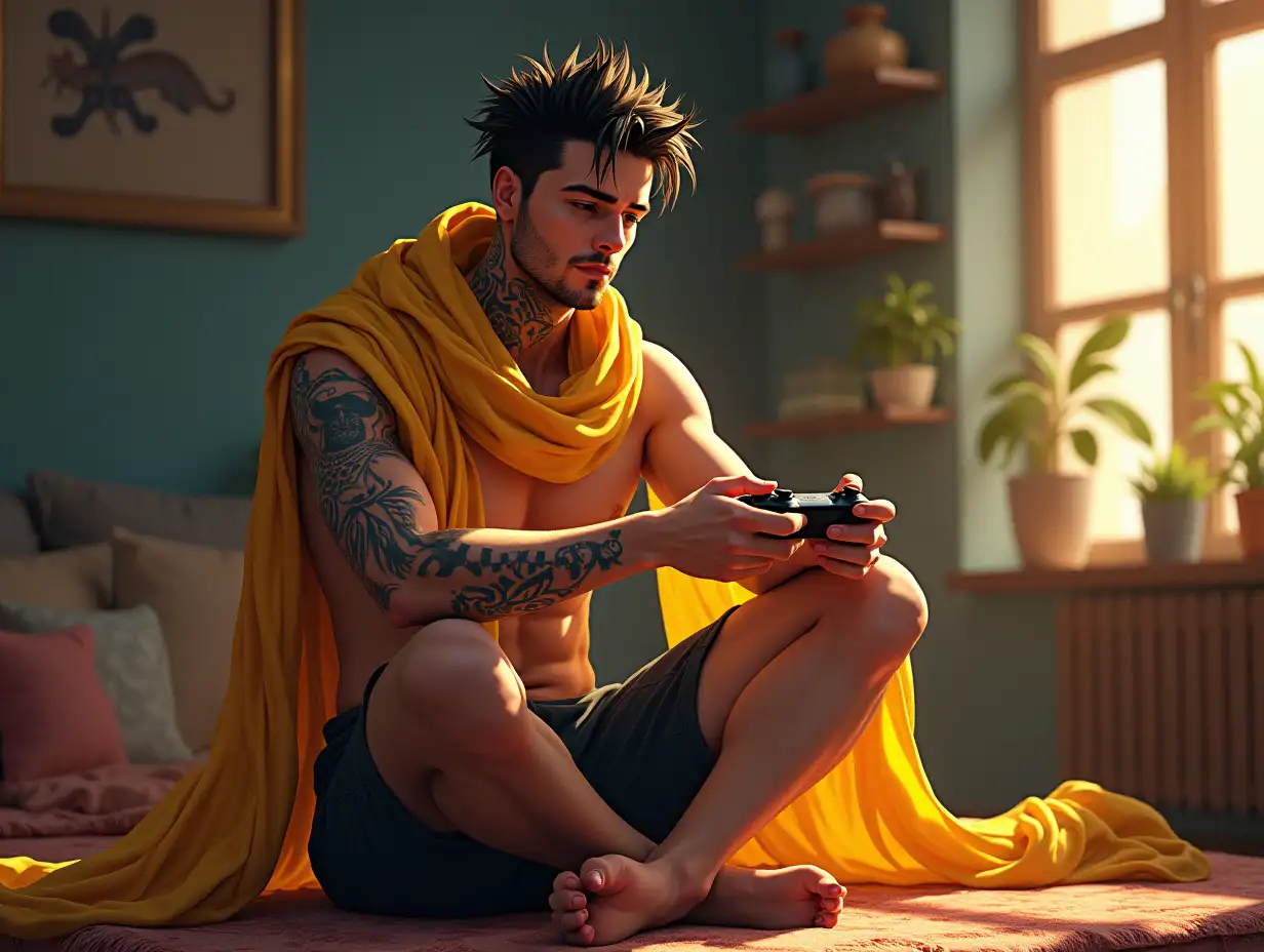 Digital vibrant bara anime digital painting in the style of high fantasy anime. A handsome, tanned, shirtless man is kneeling with a faded checkerboard neck tattoo. He wears a yellow silken brocade flowing scarf that can transform into any shape its owner wills. With spiked hair and stubble, the man is lounging in a gamer bedroom playing his Steam Deck.