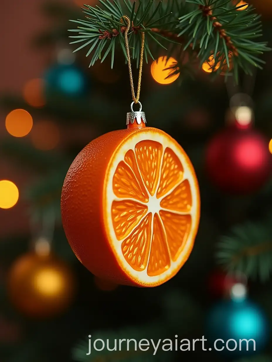 Shining-Orange-Metallic-Ornament-on-a-Christmas-Tree-with-Multicolored-Garlands-and-Bokeh