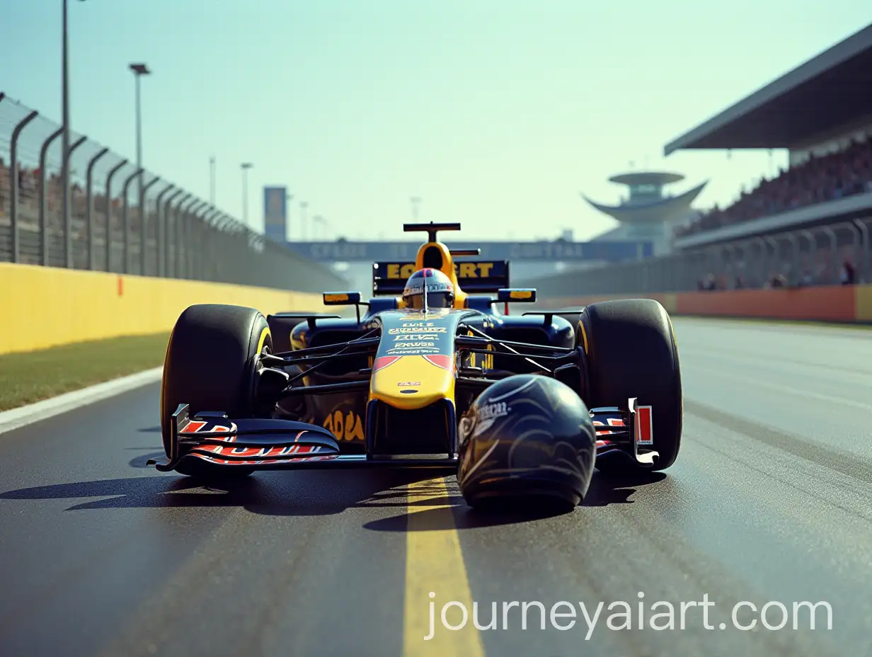 F1-Car-Crash-on-Race-Track-with-Broken-Helmet-and-Clear-Sky