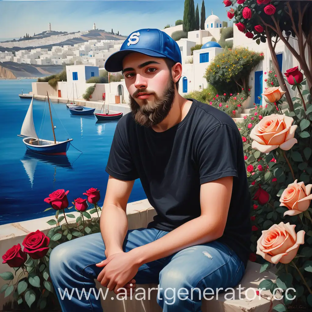 Young-Man-in-Modern-Clothing-Sitting-in-Sidi-Bou-Said-Surrounded-by-Flowers-and-Sea