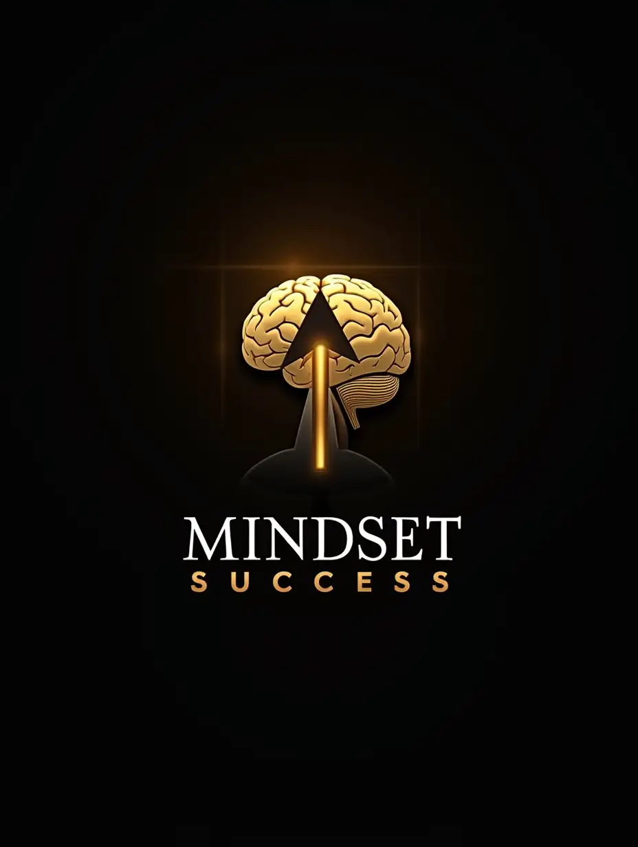 Design a hyper-realistic logo for 'Mindset Success' with a sophisticated and modern look. The logo should incorporate a golden human brain symbolizing intelligence and growth, integrated with a sleek upward arrow to signify success and progress. The background features a subtle metallic gradient in black and gold for elegance and depth. Use clean, futuristic typography for the text 'Mindset Success' in bold, capitalized letters, with the word 'Success' slightly larger and more prominent. Add faint glowing effects and sharp details to create a premium and professional aesthetic.