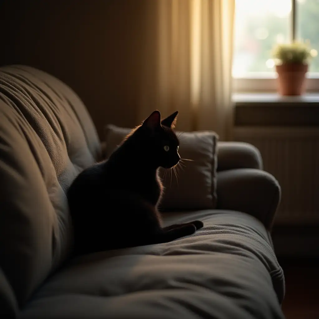 A black cat creeping back onto a couch as the first rays of morning light filter through the window. The cat looks innocent, as if it was there all night.