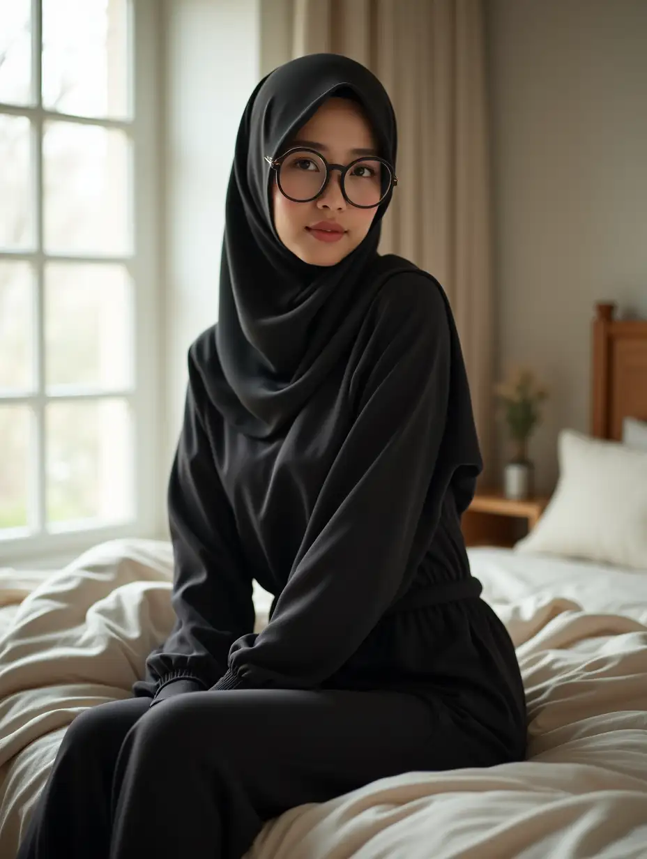 Serene-and-Focused-20YearOld-Asian-Woman-in-Hijab-Seated-in-Bedroom