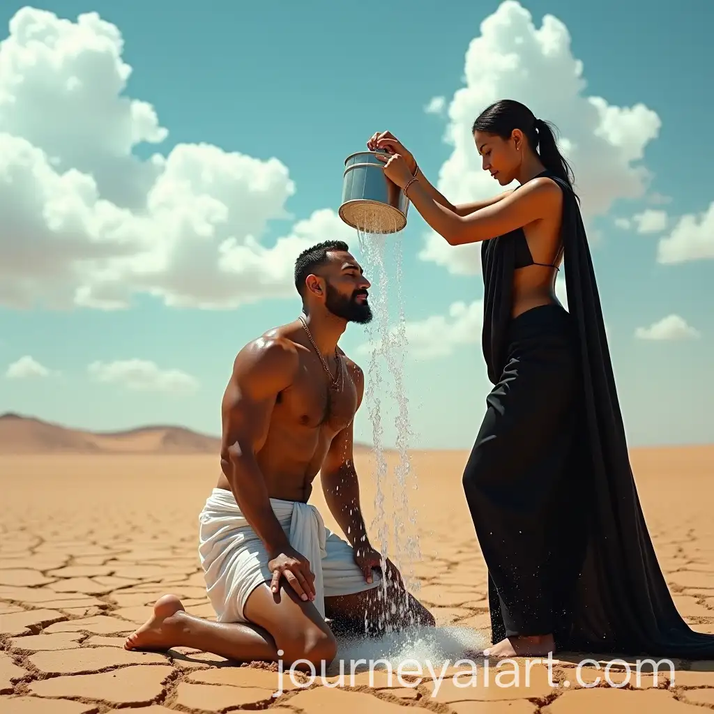 Muscular-Man-Kneeling-in-Desert-withAI-Art-Prompt-Expansion-Woman-Pouring-Water-from-Bucket