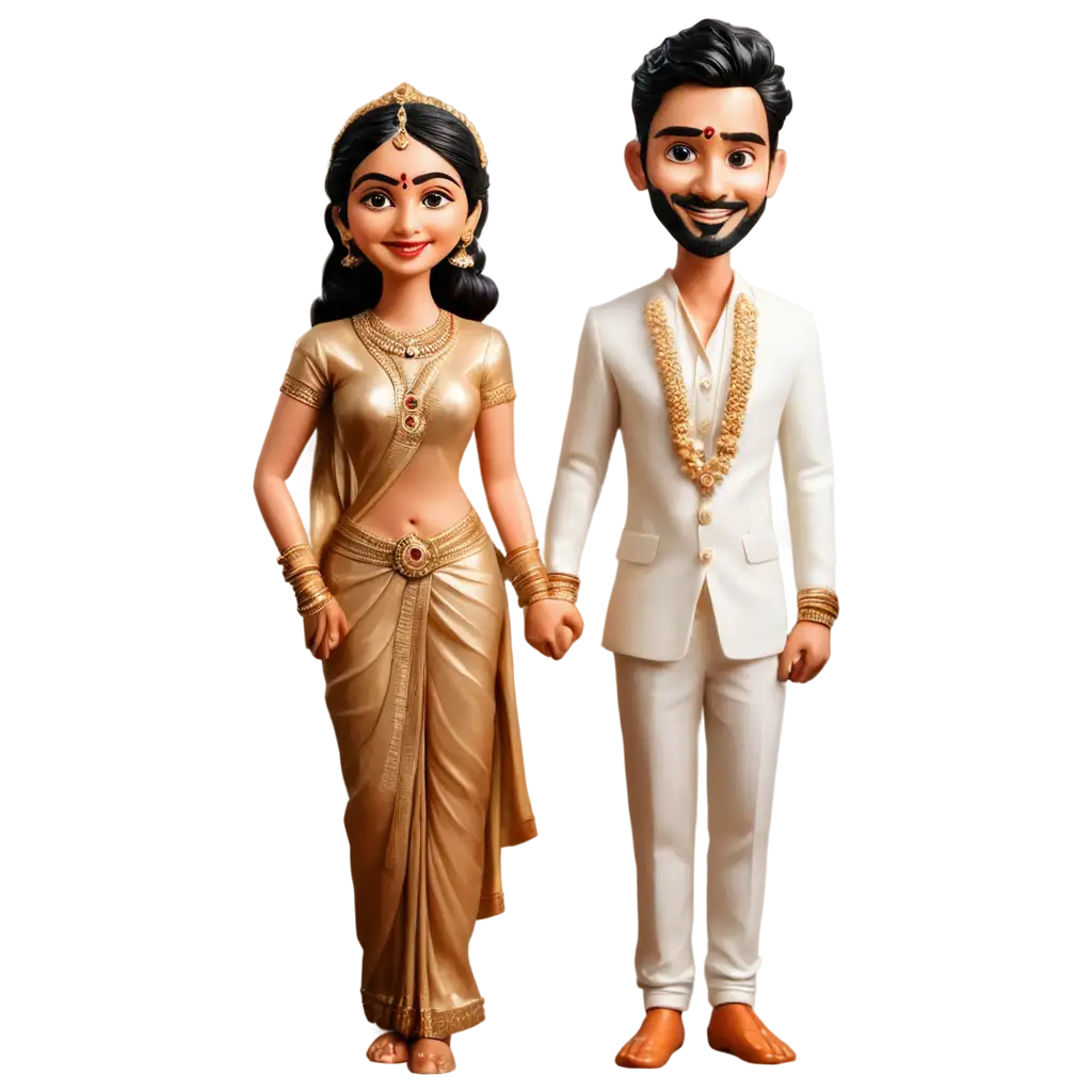 South-Indian-Wedding-Couple-in-Cartoon-White-Gold-PNG-Image-Celebrate-Tradition-with-Vibrant-Visuals