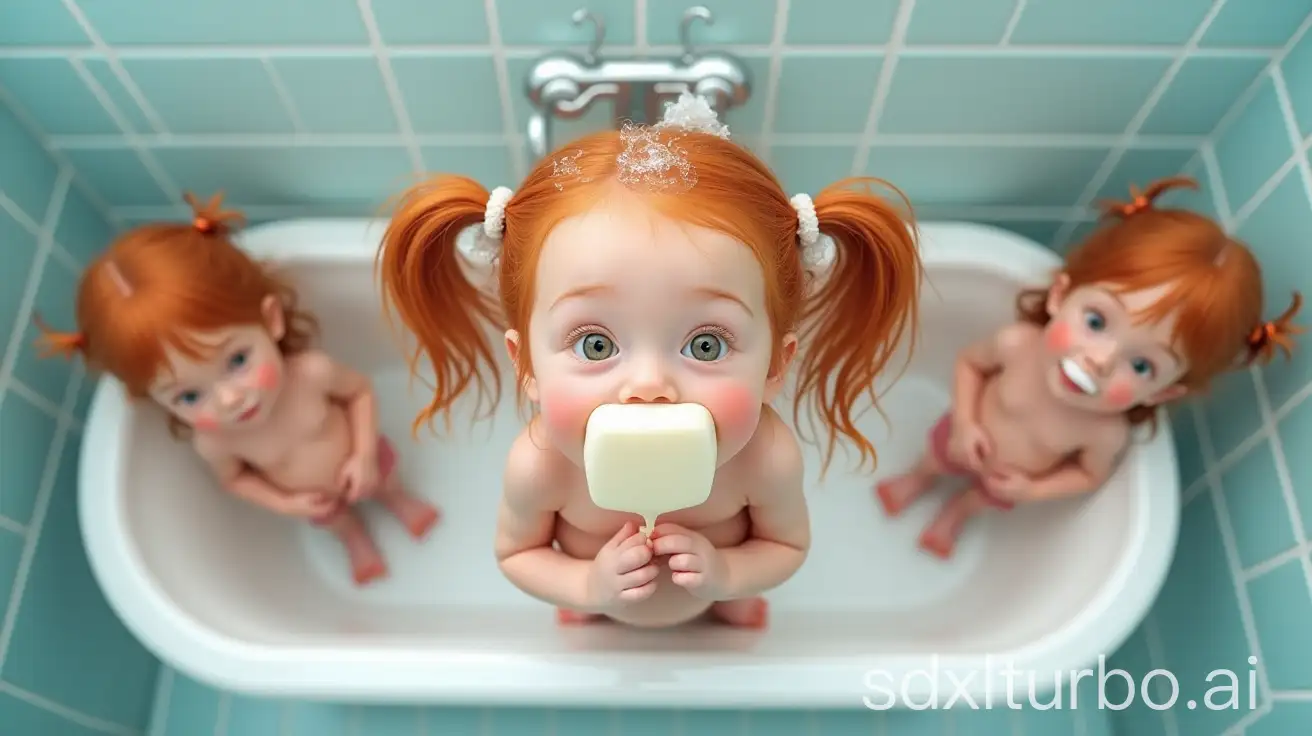 Adorable-Pregnant-Redhead-Little-Girls-in-Preschool-Bathroom-with-Soapy-Water-Stream