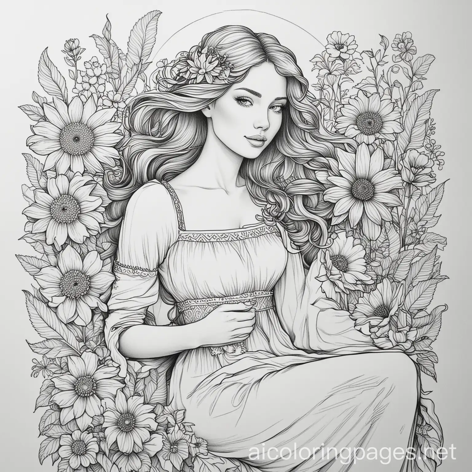 Adult-Coloring-Page-Line-Art-Flowers-on-a-Womans-Lap