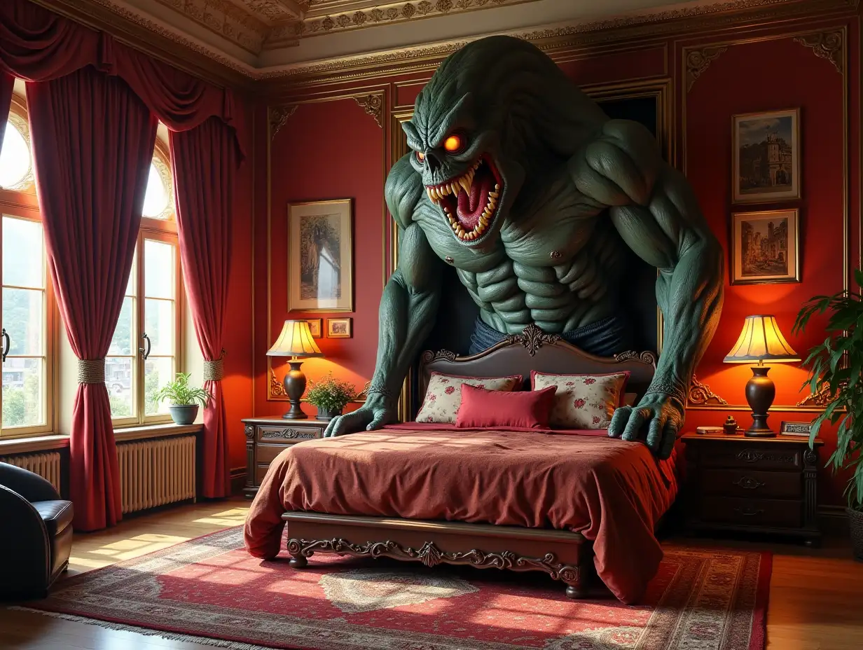 a very large bedroom with statue of the attack on titan monster 180 degree panoramic shots 8K resolution colorful