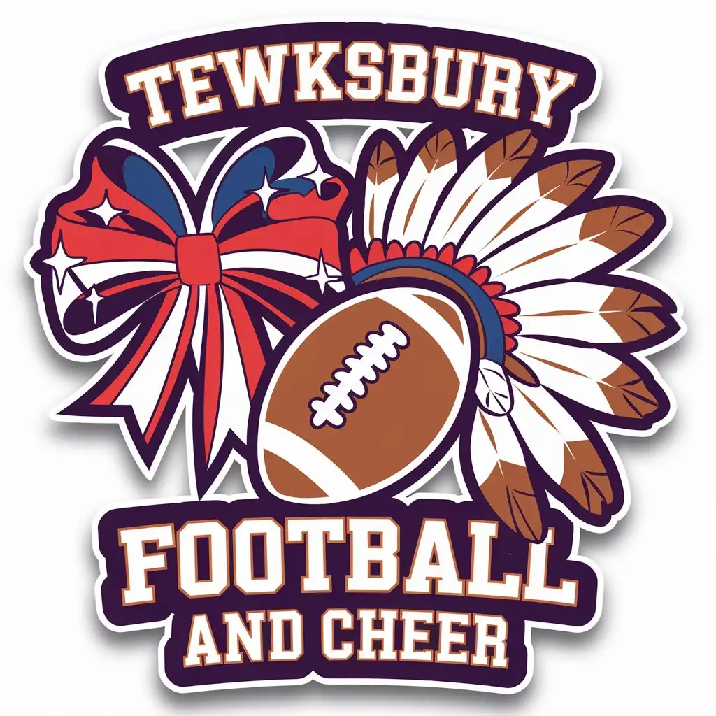 LOGO Design for Tewksbury Youth Football and Cheer Cheer Bow Football Pom Poms Indian Head Dress in Red Blue and White