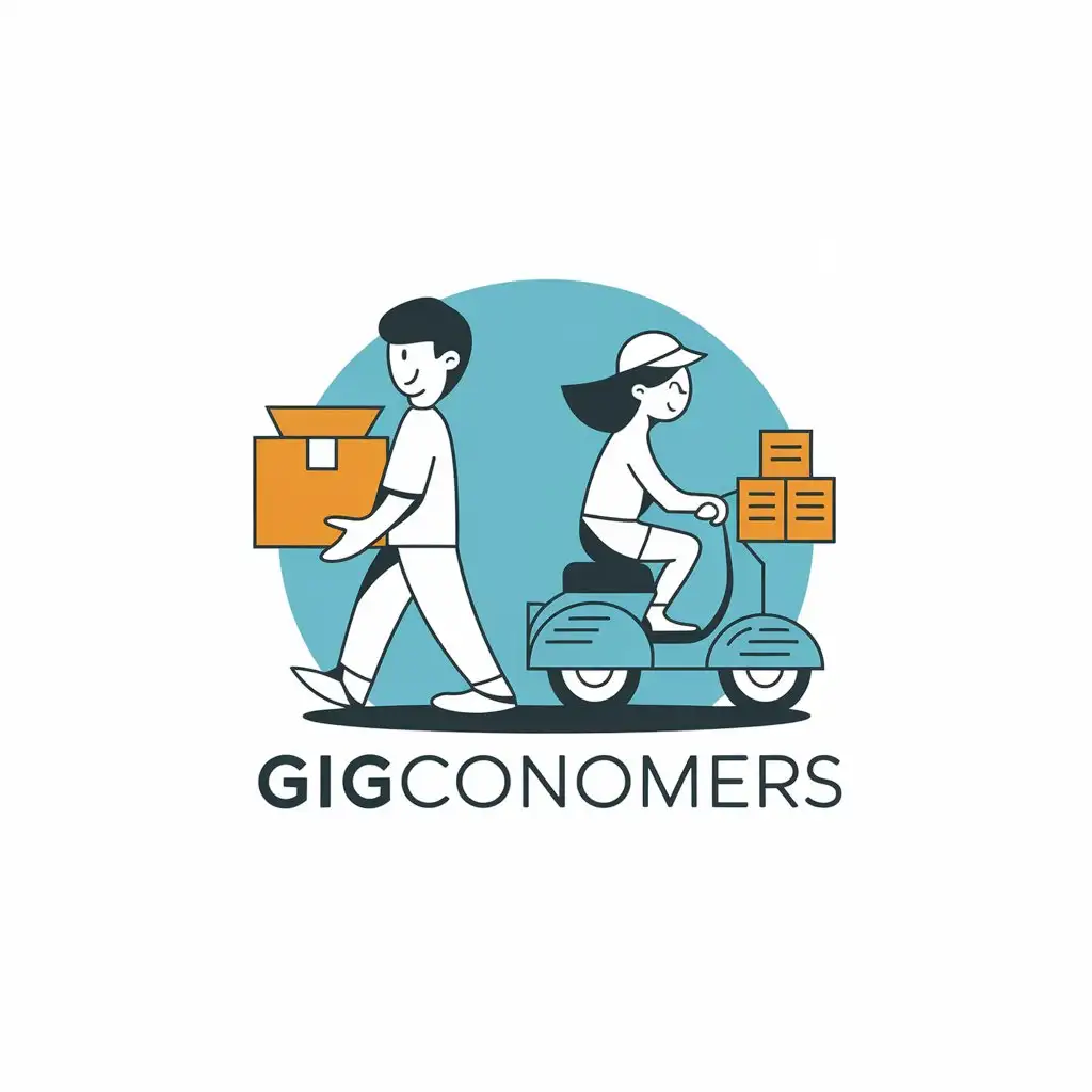 LOGO Design for Gigconomers Vector with Male Walking Toward Boxed Parcel and Asian Female on Scooter with Storage