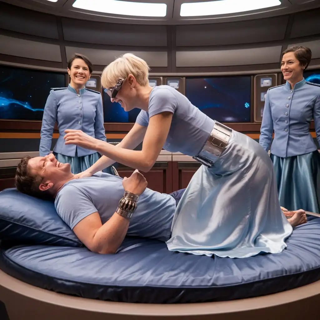 A very large lounge room on a luxury spaceship. In the centre is a really huge bed. A hysterically laughing man is lying on his back on massive circular bed on a luxury spaceship with stars outside the window. He is wearing metal bracelets. A beautiful smiling blonde woman with short hair is kneeling on his chest. she is wearing futuristic spectacles she is touching his armpits. she is looking into his eyes. Her arms are folded.  She is wearing a light blue tee shirt with a badge, wide silver belt, a very long light blue satin circle skirt. The skirt is spread around her in a circle. Two other woman are smiling and watching. they are wearing blue military uniform buttoned style tunic jackets and long blue satin skirts. They are wearing futuristic spectacles. 