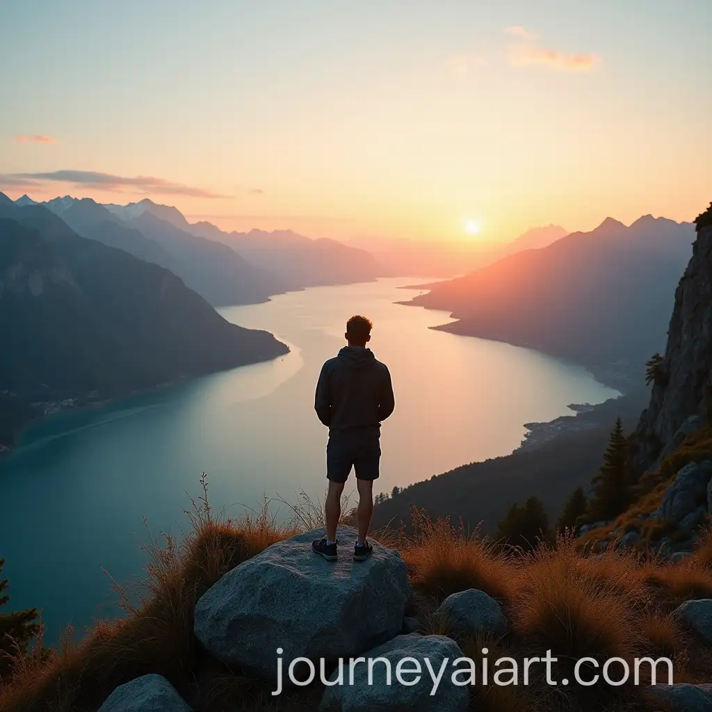 Man-Standing-on-Mountain-Overlooking-Sea-and-Lake-at-Sunset