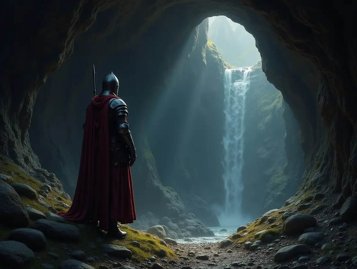 A knight stands before the cave entrance