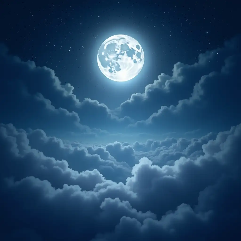 Create an image in the style of a music cover that evokes a dreamy and emotional atmosphere. The background should depict a vast and deep sky filled with soft, wispy clouds. At the center, a radiant and majestic full moon should shine, its silvery glow piercing through the darkness and overpowering the night’s shadows. This light should have a misty, ethereal quality to enhance the poetic feel of the scene. Among the stars, subtle and abstract elements symbolizing a mother’s love for her child should be incorporated. These elements should glow gently, resembling tender care and affection, blending harmoniously into the composition without being too bold or distracting, creating a deep and soothing ambiance. The image should have a graphic, stylized art style rather than a realistic one