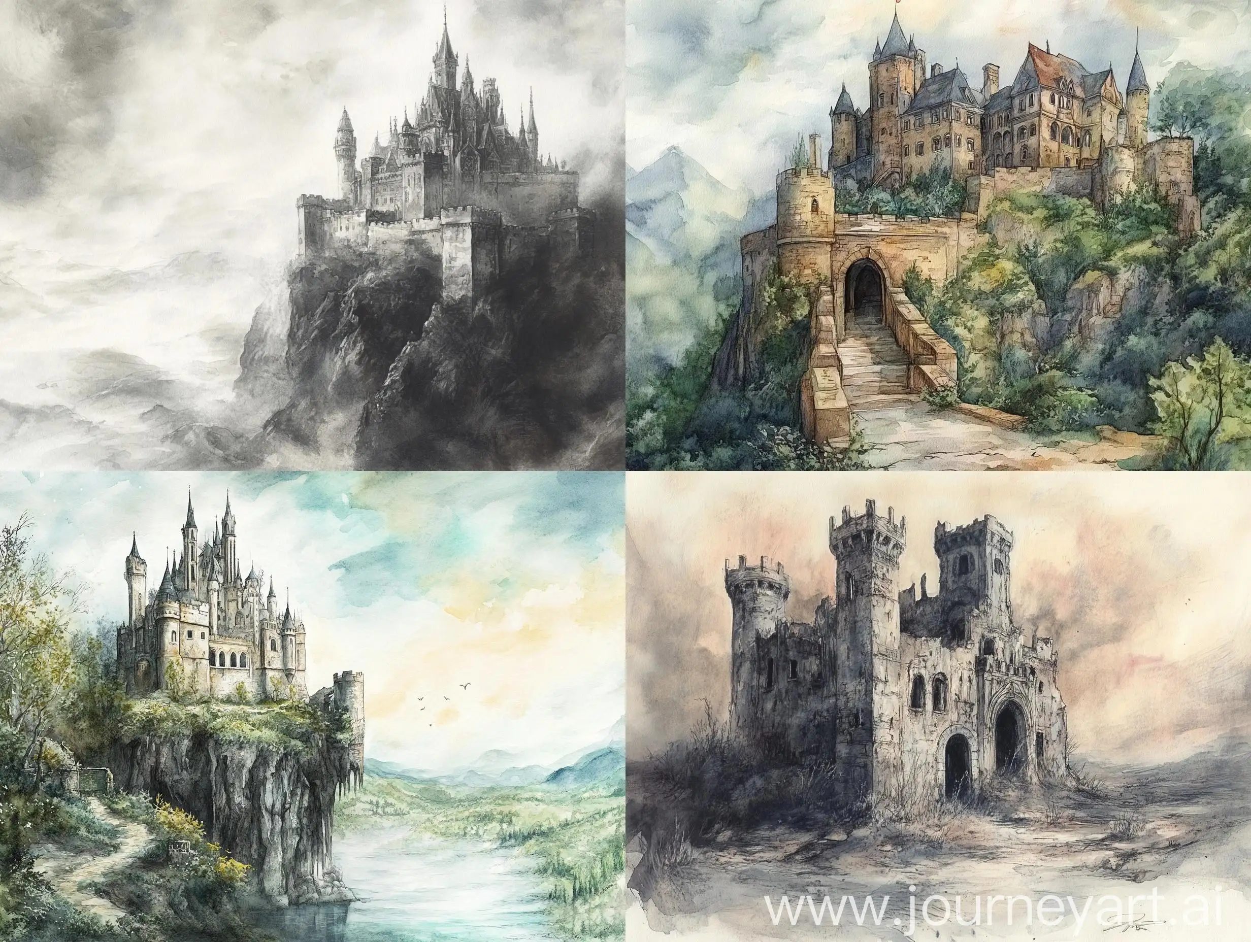 Fictional-World-Landscape-Abandoned-Castle-in-Pencil-Drawing-and-Watercolor