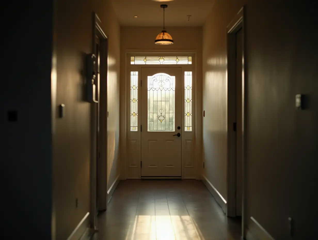 the interior of a hallway in a modern, light-colored house. cinematic, wide-angle shot of the front door with stained glass windows. The hallway is dimly lit, outside it is sunny.