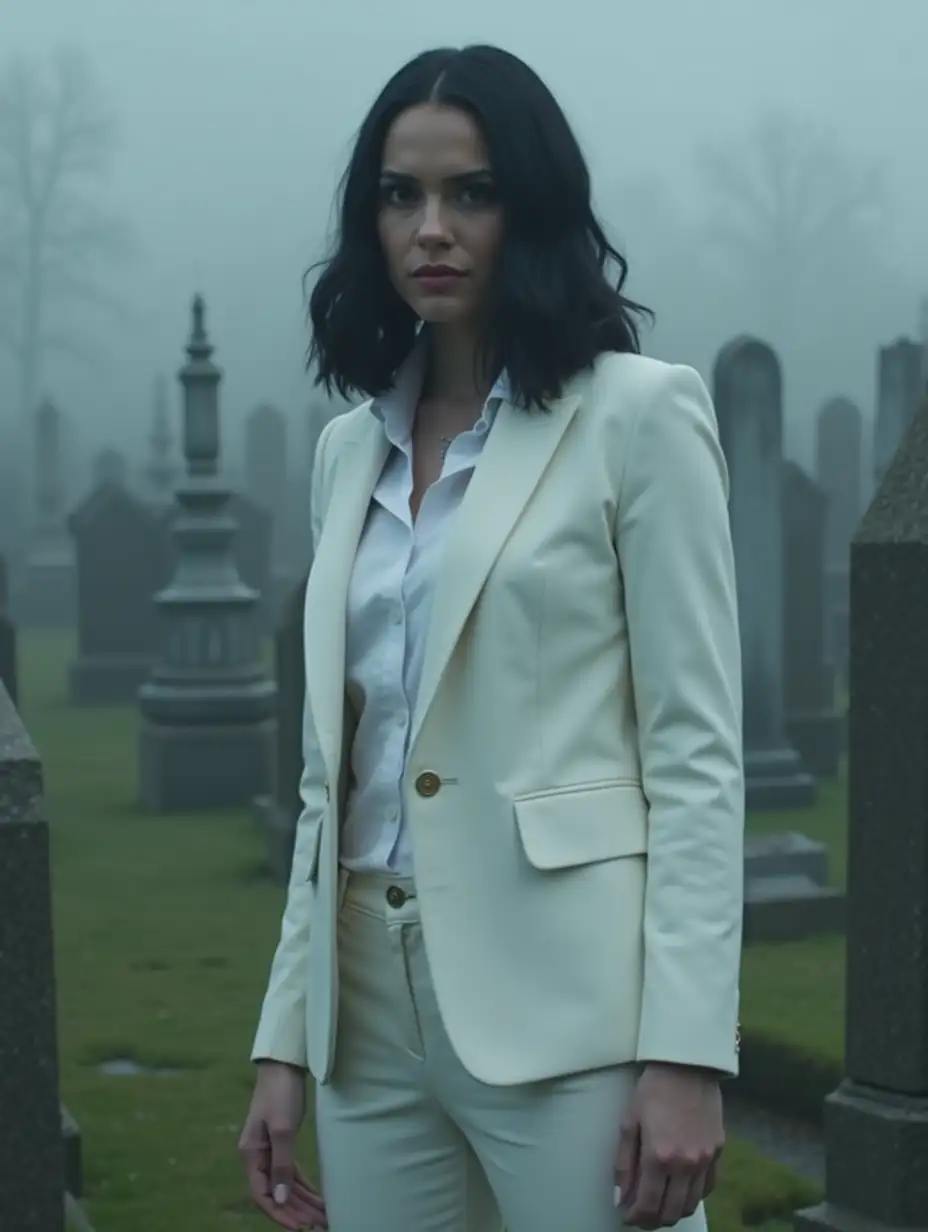 Teagan Croft as Rachel Roth from DC Titans Live-action Show after Season 4 as the vessel of Lucifer, in a graveyard, alone at Foggy Daytime Setting. Full Length Photo (With her iconic white suit and a fitted white shirt underneath. Based on Lucifer Supernatural accurate all-white suit, accurate Teagan Croft actual body type and accurate Rachel Roth shoulder-length darker black hairstyle).