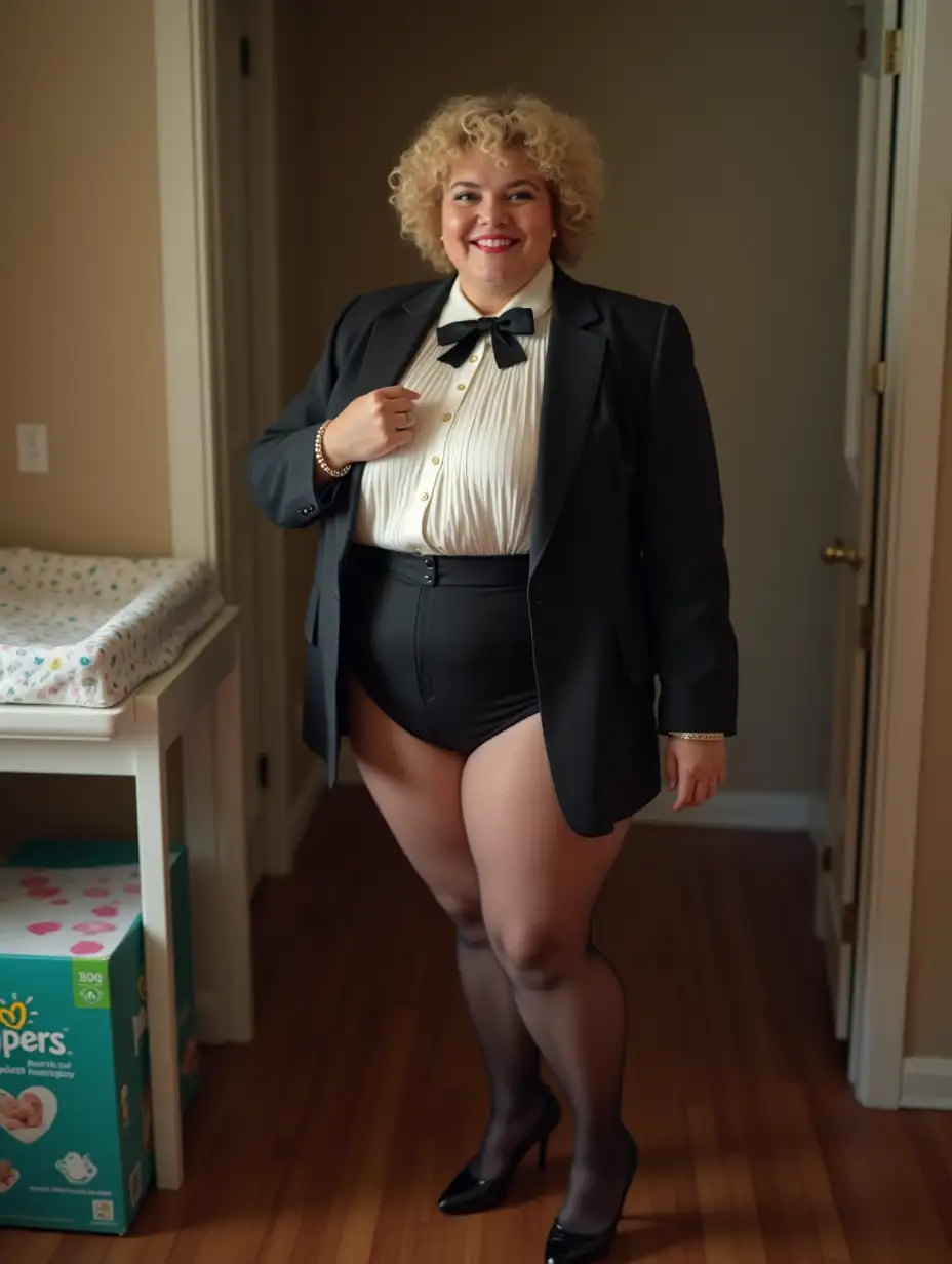 Smiling-Caucasian-Woman-in-Formal-Tuxedo-with-Diapers-in-Nursery