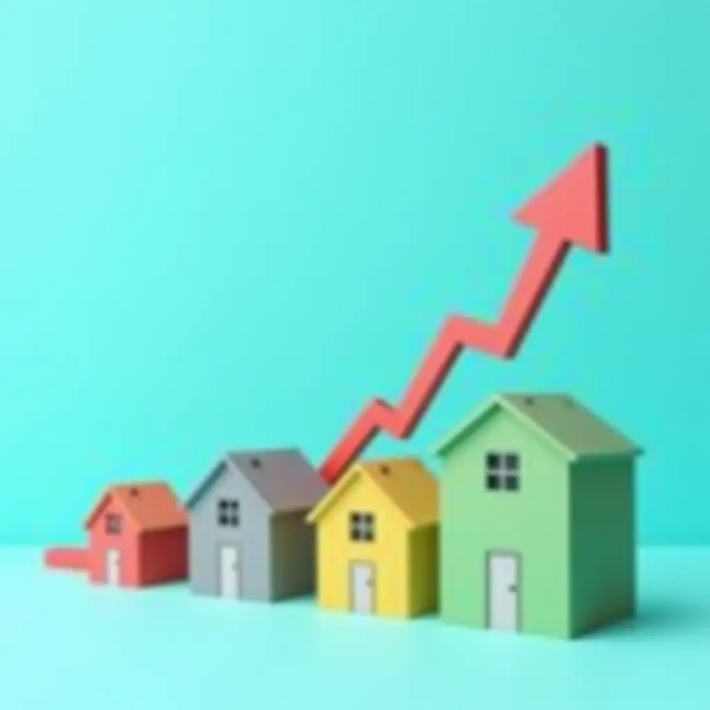 Miniature houses in bright colors with an upward trending arrow on a turquoise background, representing real estate market expansion and success