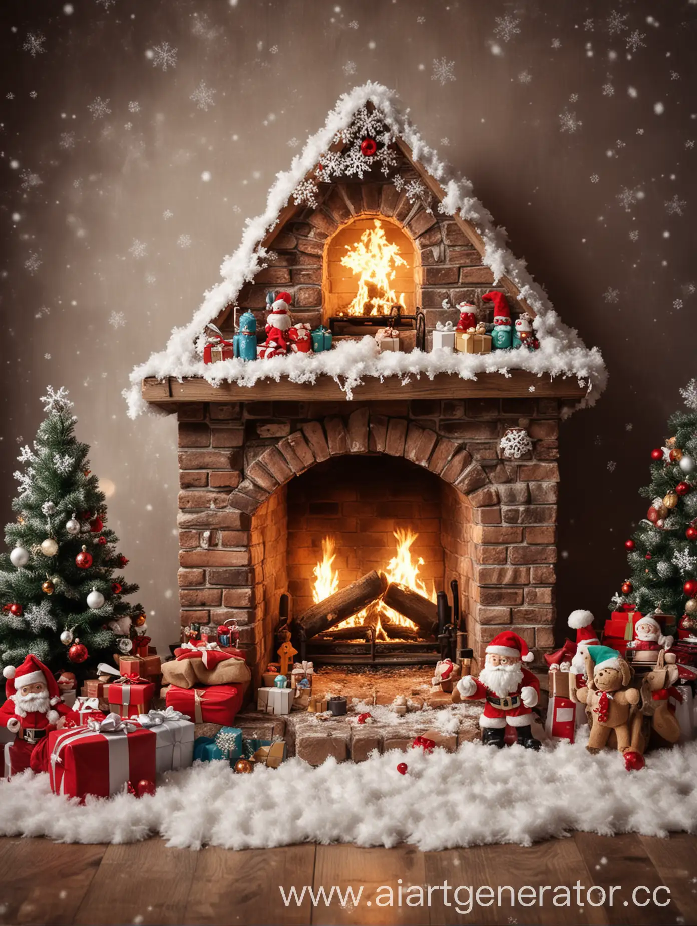 Santa-Claus-in-Front-of-a-Fireplace-with-Snowflakes-and-New-Years-Decorations