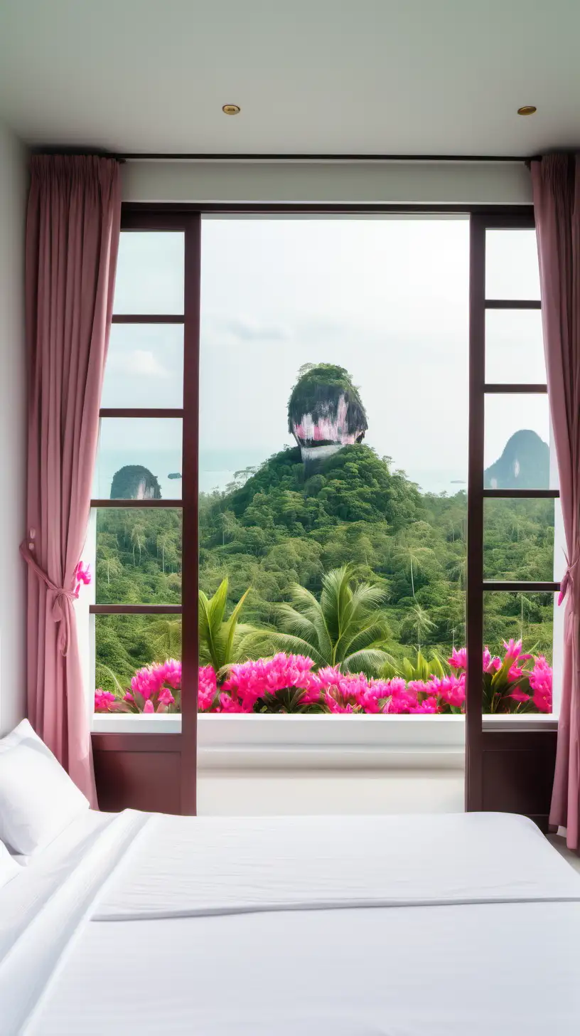 Minimalist Bedroom with Tropical View and Pink Exotic Flowers