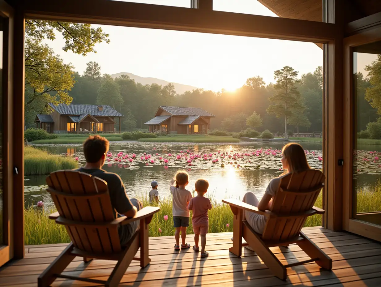 A family is sitting a little distantly in the frame - dad, mom, and child on Adirondack chairs located on a wooden terrace, a view of them as if from a house through a panoramic open window from floor to ceiling and full width, it all happens 50 meters from the shore of a huge eco-pond with crystal clear water and large pink water lilies and natural gently sloping grassy banks with bioplatts of higher lake plants, similar to wild ponds, and other people with children walk along the shores, and on the other side there are only 3 small one-storey houses located at some distance from each other and at a distance from the shore of the pool, these houses have the appearance of a one-storey chalet with a gable roof, built of a wooden beam system consisting only of vertical wooden beams and only in the half-timbered style between glass beams - only with glass walls - with panoramic windows in all walls from the floor to the roof, that is, each wall is a panoramic window, at sunset and the glare of sunset light, the foreground is in focus and the background is blurred, realistic